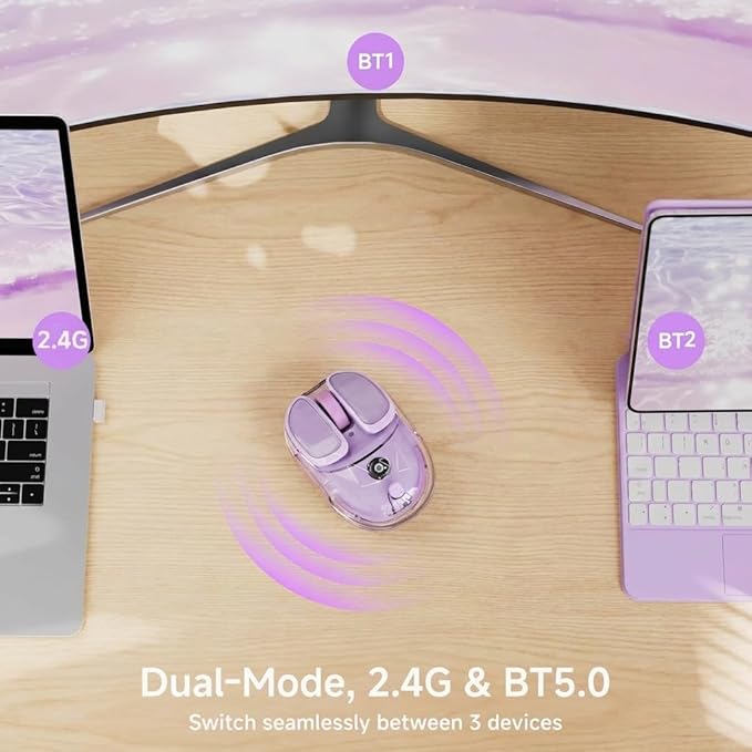 SEUNKWANG EWEADN Q9 Wireless Clear Mouse Dual Mode Bluetooth & 2.4G USB Computer Mouse with RGB Lighting, Silent Clicks, Multi-Device Compatibility for Laptop, PC, MacBook, iPad Cute Mouse-Purple