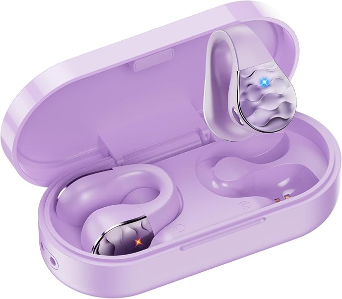 aigo Open Ear Earbuds, Wireless Bluetooth Earphone, Clip on Headphones, Over The Ear Earbuds for Fitness Running Gym Workouts, Built-in Mic, Wireless Charging, Purple Headset