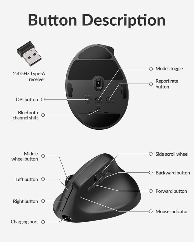 Keychron M5 8K Vertical Ergonomic Mouse Wireless, 2.4 GHz/Bluetooth 5.3/Wired Computer Mice Rechargeable, 5 Levels Up to 30K DPI with Programmable Buttons for Laptop macOS/Windows - Black