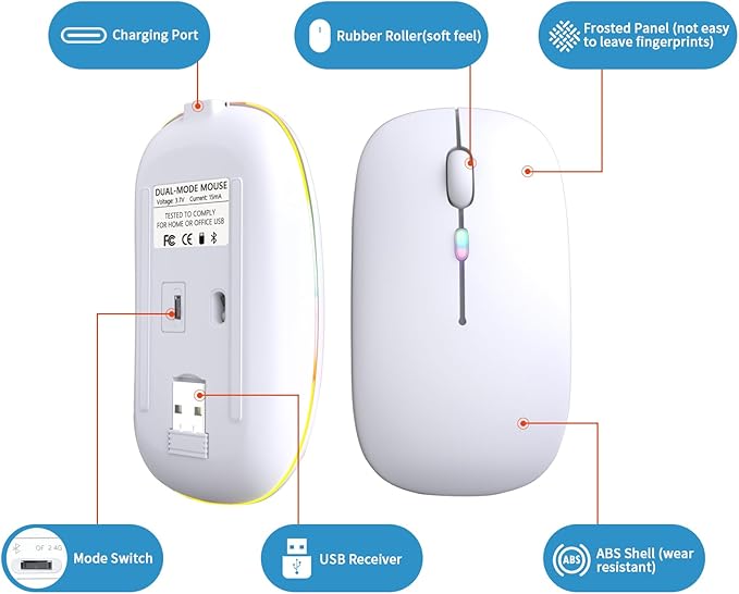 Wireless Bluetooth Mouse, Rechargeable, LED, Silent, Ultra-thin Design (Bluetooth 5.2 and 2.4GHz USB Receiver) | Portable Computer Mouse for Laptops, iPads, MacBooks and Apple Devices (white)