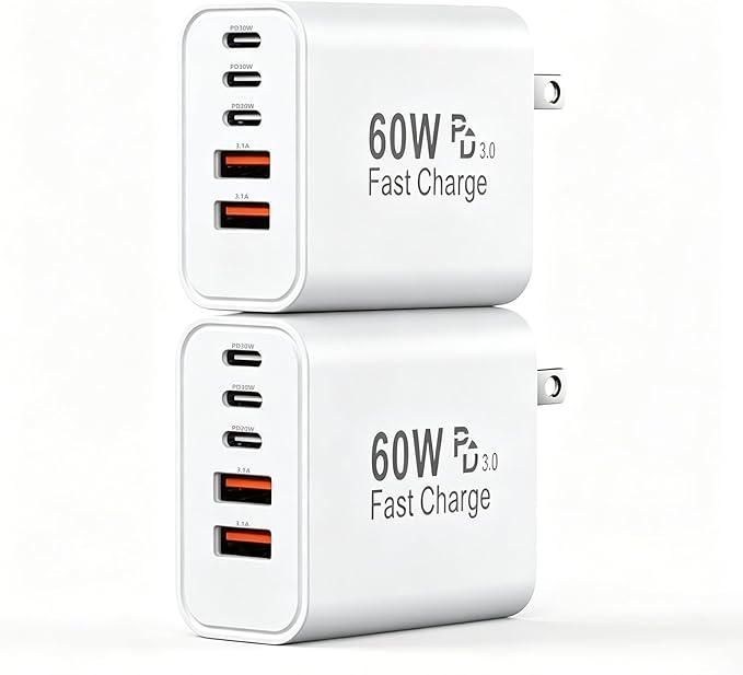 USB C Fast Charger Block, 5-Port 60W USB-C Wall Charger Plug, Multiport Phone Charging Cube,Type C Power Adapter Brick Box for Apple iPhone 17 16 15 14 13 12 11 7 6 Pro Max/Plus,iPad Air/Mini,Samsung