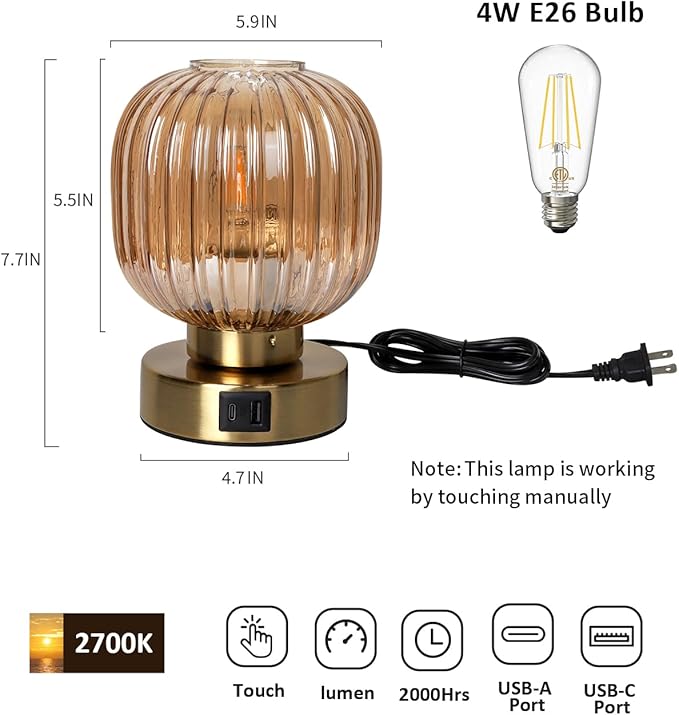 Elenhome Touch Control Small Table Lamp Set of 2, Elegant Gold Glass Bedside Lamp 3 Way Dimmable with USB C+A Charging Ports - Bedroom Nightstand & Living Room Essential, 4W Bulb Included