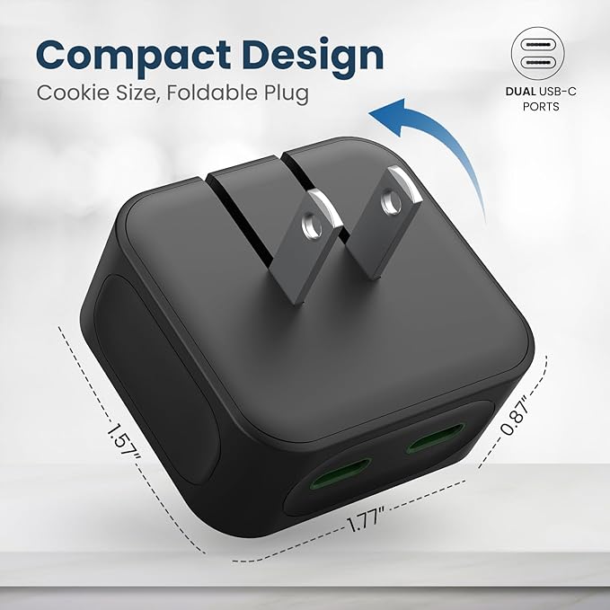 Dual USB-C Charger 40W - Compact Foldable Fast Charging Wall Adapter for iPhone 16 Pro Max, Galaxy S22 S21 Note 20, Pixel, MacBook, and iPad