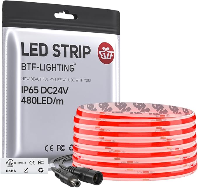 BTF-LIGHTING FCOB IP65 Waterproof Red Color COB LED Strip 16.4FT DC24V 480LED/m 8mm Width Flexible High Density CRI 90+ Dimmable LED Light for Home Indoor Decor(No Controller or Adapter)