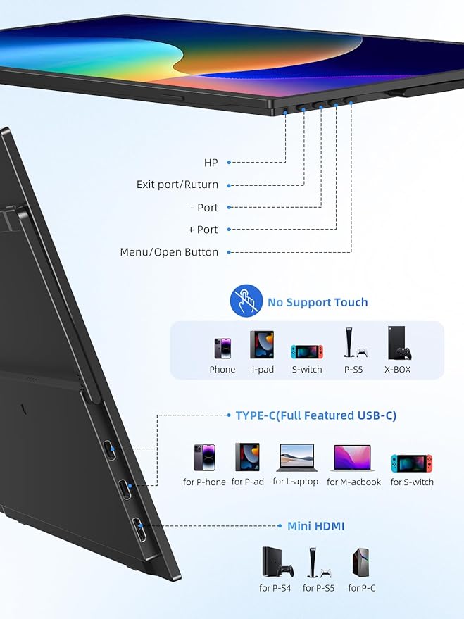 UPERFECT Portable Monitor Touchscreen 15.6 Inch 125% sRGB Travel Monitor Built-in Adjustable Stand, Speaker, VESA Mountable, USB-C HDMI Ultra-Slim Second Screen for Laptop Mac-Book Phone Game Console
