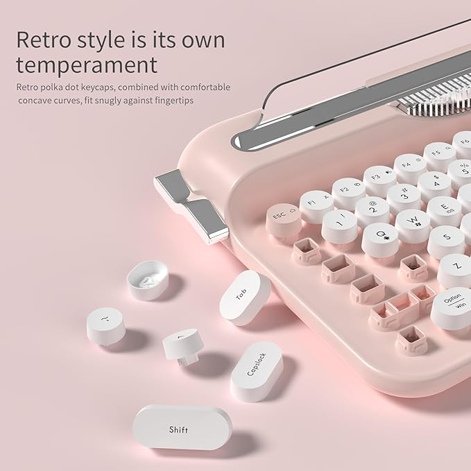 Ajazz AF84 Wireless Membrane Silent Typewriter Keyboard, Bluetooth/2.4G Dual-Mode Connection, Cute Retro Aesthetic Design with Integrated Stand for Tablet, Phone, PC and Win/Mac/Android Pink