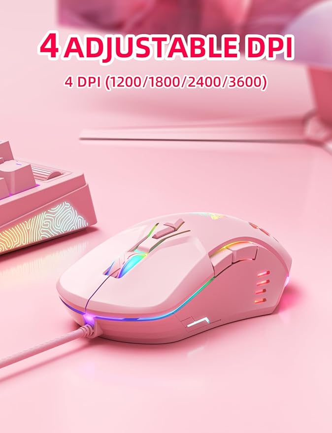 Wired PC Gaming Mouse: High Precision Sensor,RGB Backlit, Adjustable DPI, 7 Buttons Programmable,Ergonomic mice for Office & Gaming on Windows/Mac/Linux/Chrome- Pink