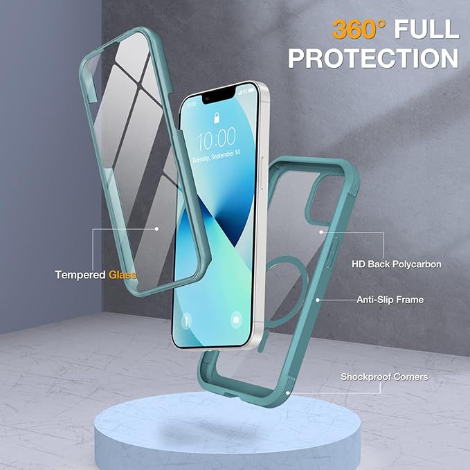 Miracase for iPhone 13 Case 6.1'',Full-Body Magnetic Clear Bumper Case with Built-in 9H Tempered Glass Screen Protector,Military Drop Protection Outdoor Phone Case,Teal