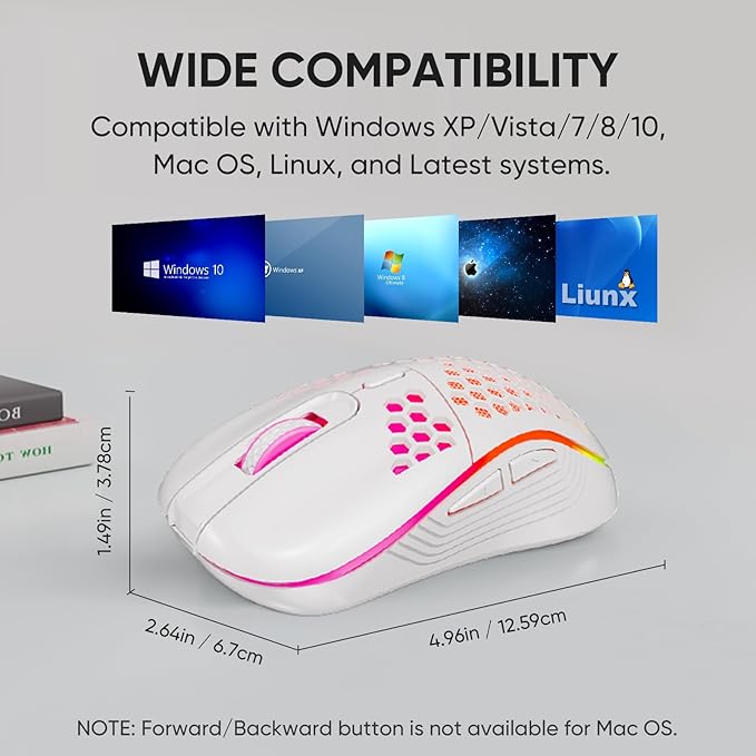MELOGAGA Wireless Gaming Mouse Honeycomb 2.4G USB Cordless Mouse RGB Rechargeable PC Game Mice with 7-Color LED Lights，4 Adjustable DPI for Windows Laptop Desktop Computers -White