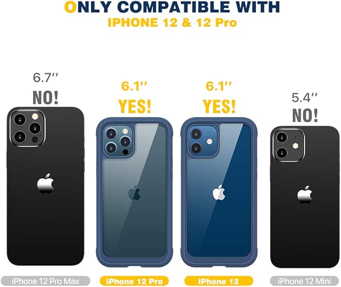 Diaclara Designed for iPhone 12/12 Pro Case, Full Body Rugged with Built-in Touch Sensitive Anti-Scratch Screen Protector, Soft TPU Bumper Case for iPhone 12/12 Pro 6.1" (Dark Blue and Clear)