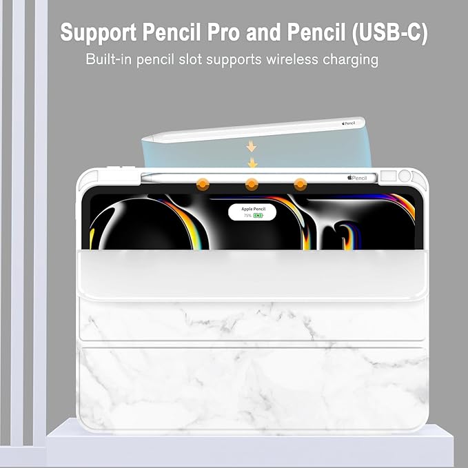 ZryXal New iPad Pro 13 Inch Case (M5) 2025 / (M4) 2024 with Pencil Holder, Smart iPad Case [Support Pencil Pro and Pencil (USB-C)], Support Touch ID and Auto Wake/Sleep (Marble White)