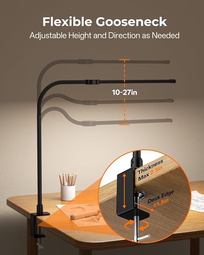 Desk Lamp with Clamp, Eye Caring LED Desk Lamp for Home Office with Gooseneck, Clip on Light with 3 Color Modes for Working, Reading, Drawing