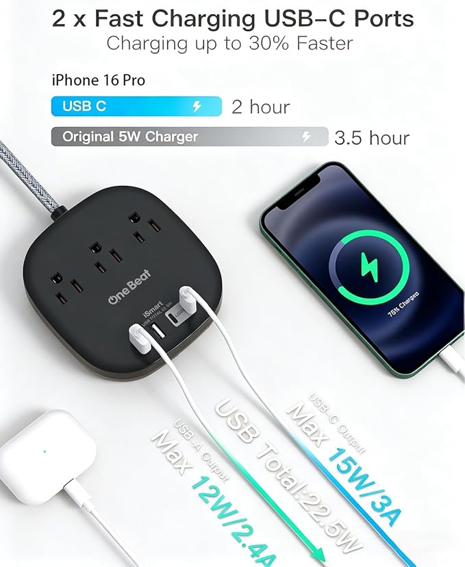 10 Ft Long Extension Cord, Cruise Ship Travel Essentials, 22.5W/4.5A Flat Plug Power Strip with 3 Outlets 4 USB Ports (2 USB C), 10ft Black Power Strip No Surge Protection, Desktop Charging Station