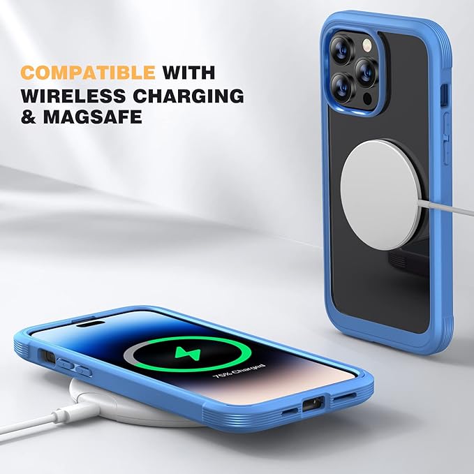 Diaclara Designed for iPhone 14 Pro Max Case 6.7’’,Full Body Rugged Protective Case+9H Tempered Glass Camera Lens Protector w/Built-in Screen Protector (Elegant Blue)