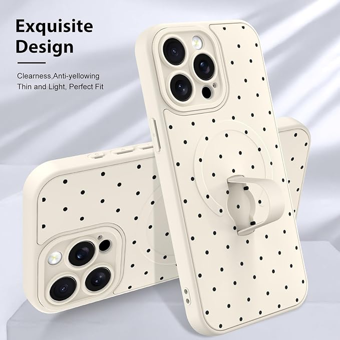 KANGHAR Compatible with iPhone 15 Pro Max Case, Support for MagSafe, Silicone Spot Cute Pattern, Wristband Kickstand Camera Protection Soft Slim Cover for Girls Women -White