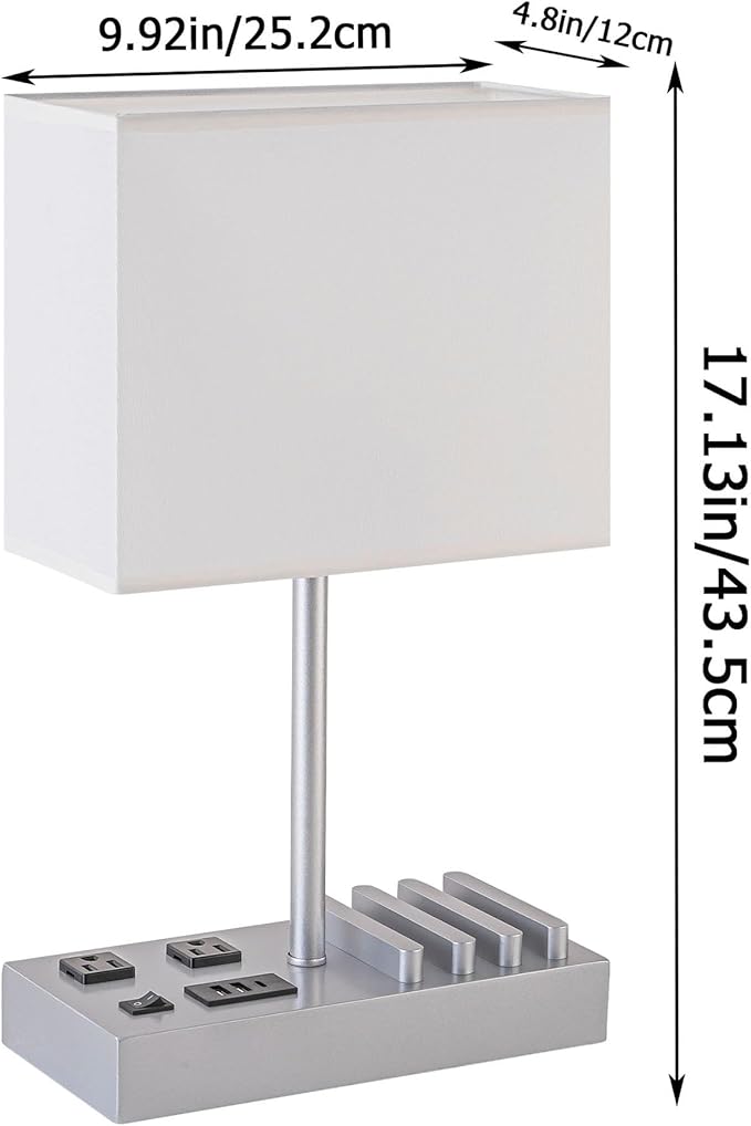 Briever Upgraded 3 USB Table Lamp with 2 USB A & C Charging Ports, Bedside Desk Lamp with 2 AC Outlets and Wooden Phone Stand Organizer, Nightstand Lamp for Bedroom, Living Room, Office, Silver Base