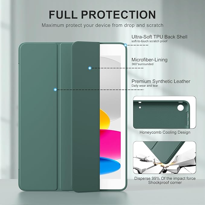 Smart Case for iPad 10.2 Inch 2021/2020/2019, for iPad 9th/8th/7th Generation Without Pencil Holder, Shockproof Cover with Soft TPU Back, Thin& Lightweight, Auto Sleep/Wake, Dark Green