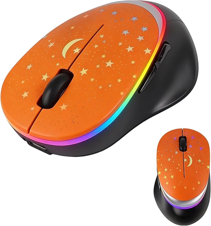 elec Space Bluetooth Wireless Mouse with Starry Sky RGB Backlight - Ergonomic Dual Mode Rechargeable Mouse, Type-C Charging - Perfect for Office, Gaming & Travel (Orange)