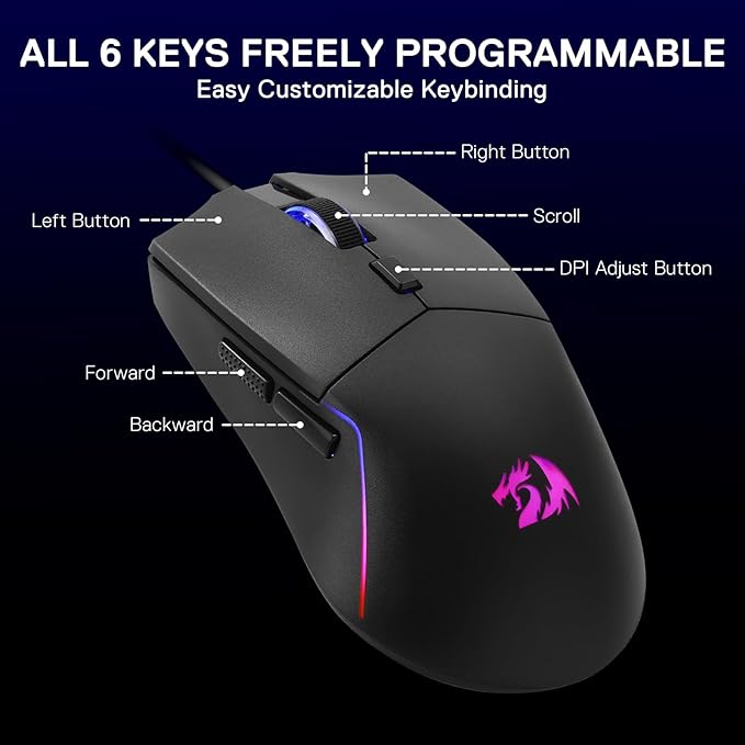 Redragon M730 Wired RGB Gaming Mouse, 10000 DPI Lightweight Optical Mouse with 6 Programmable Buttons, Software Supports DIY Keybinds for PC Computer Windows Mac Laptop, Black