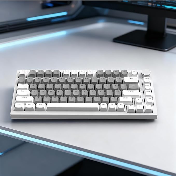 AK820 Wired 75% Mechanical Keyboard, Hot-Swappable Gasket-Mounted Gaming Keyboard with Similar HP Switches, 81 PBT Keycaps White-Grey Layout, Multimedia Keys Knob, White Backlit
