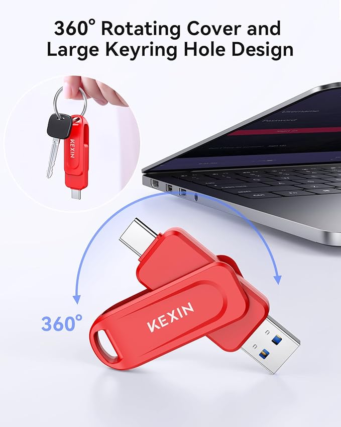 KEXIN Dual 32GB Flash Drive USB-A & Type-C Thumb Drive 3.0 100MB/s Swivel USB Drive 32GB Memory Stick for Smartphone Tablet iPhone 15/16 Car Game Console, Red