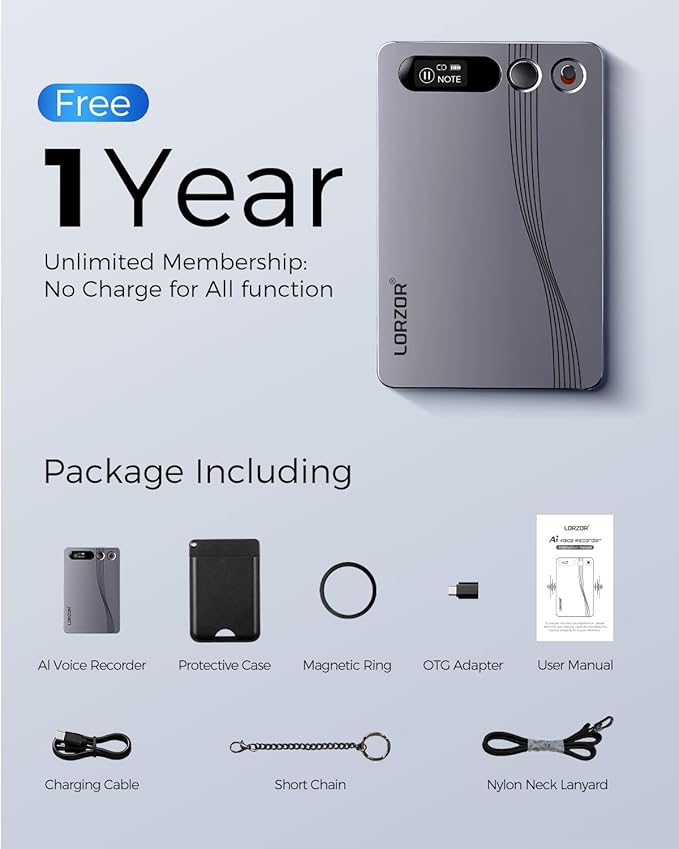 LORZOR AI Voice Recorder, Transcribe & Summarize, 64GB Audio Note Taker for Meetings & Calls, App Control, Support 152 Languages, Al Noise Cancellation Technology, Case & Lanyard Included, Gray