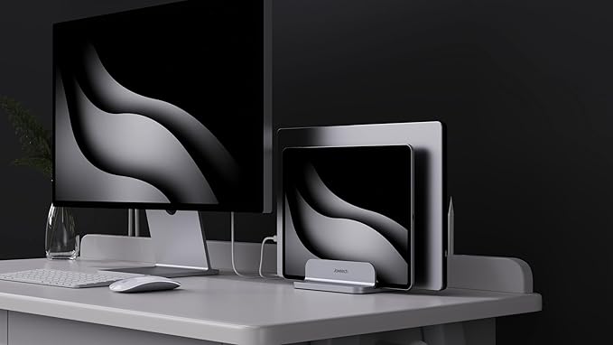 JOKItech Double Aluminum Laptop Vertical Stand Organizer, Sturdy Notebook Computer Holder Stand Compatible with New Liquid Retina XDR Apple MacBook Air/Pro/Neo, Mac mini, Apple TV & iPad Pro - Silver