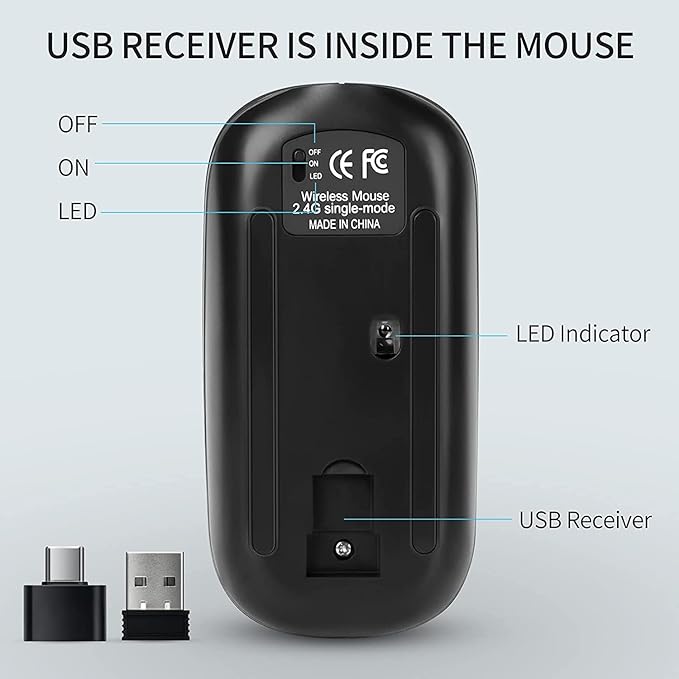 KBCASE Wireless Mouse, LED Wireless Mouse for Laptop, Slim Silent Mouse 2.4G Rechargeable Wireless Computer Mouse for Laptop, MacBook, iPad, Chromebook, with USB & Type-c Receiver