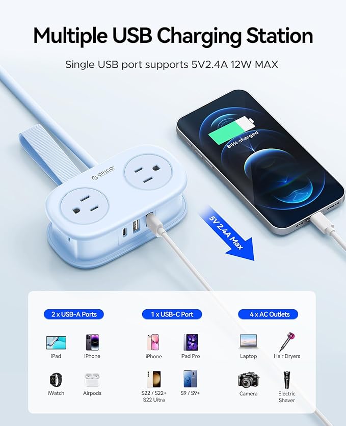 Cruise Approved Travel Power Strip with USB C, ORICO 4 Outlets 3 USB Ports (1 USB C) with 4FT Wrapped Short Extension Cord Small Power Strip, Non Surge Protector for Travel, Cruise Ship-AP3