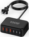 Updated USB C Fast Charger Block, 100W GaN 6 Port PD USB C QC USB A Wall Charger Adapter Plug Cube, Type C Charging Station Hub for iPhone 17 16 15 14 13 Pro Max iPad Samsung Pixel 5ft Extension Cord