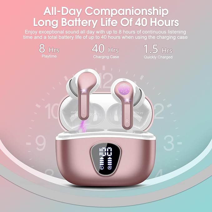 Wireless Earbuds, Bluetooth 5.4 Headphones HiFi Stereo, Bluetooth Earbuds with ENC Noise Cancelling Mic, IP7 Waterproof in Ear Earphones, 48H, LED Display Ear buds for Pad Workout Sports, Rose Gold