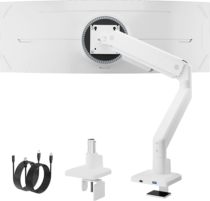 monTEK Single Monitor Arm with USB for Max 45 Inch Ultrawide Screens Adjustable Monitor Desk Mount Holds 35 Lbs Cable Management with C Clamp/Grommet Desk Mount, VESA 75/100mm