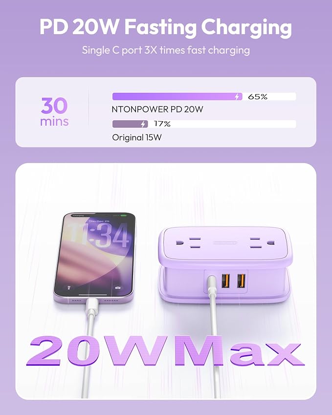 NTONPOWER 20W Purple Travel Power Strip, Travel Essentials 4 Outlets 3 USB(1 USB-C) with 4FT Wrapped Extension Cord Flat Plug, Vacation Essentials for Hotel Travel Camping Cruise Essentials 2026