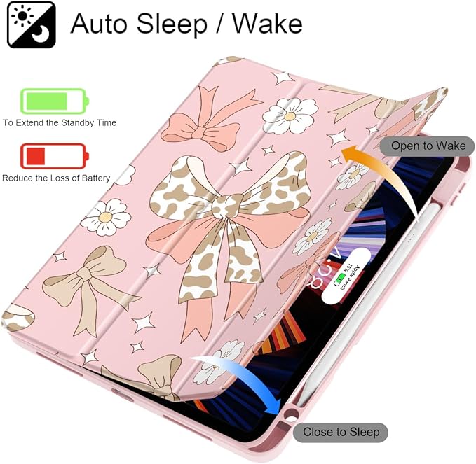 Tuiklol for iPad Pro 12.9 Inch 6th/5th/4th/3rd Generation 2022 2021 2020 2018 Case,Built-in Pencil Holder Clear Transparent Protective Back Shell Cover with Auto Sleep/Wake, Leopard Bow Gary