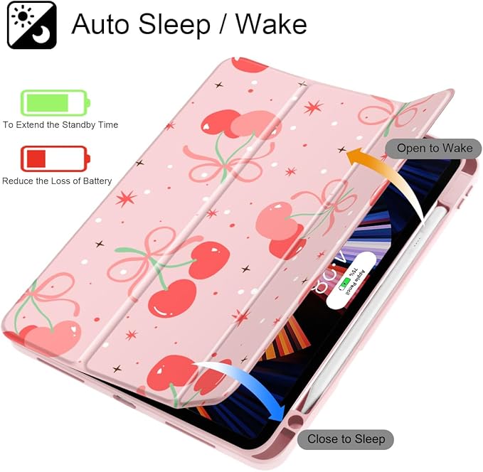 May Chen for iPad Pro 13 Inch Case M5 2025 / M4 2024, Built Pencil Holder & Clear Transparent Print Back Shell Slim Stand Shockproof Tablet Cover, Auto Wake/Sleep, Coquette Cherry