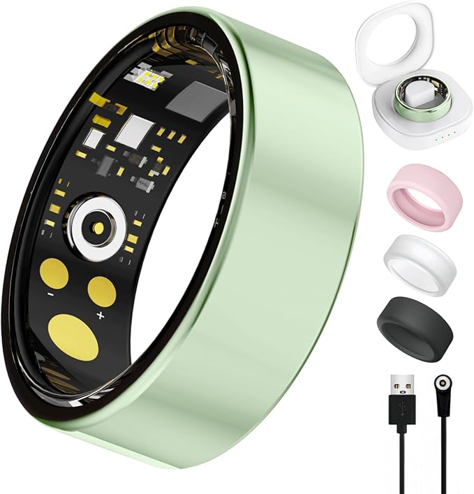 Smart Ring for Women Men, Health Tracker with Heart Rate/Blood Oxygen/Blood Pressure/Sleep Monitoring/Step Counting, IP68 Waterproof Fitness Ring, No App Fees for iPhone & Android (Green, 9#)