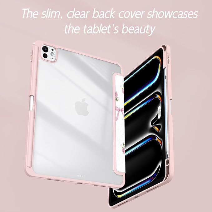 Case for iPad Pro 11-Inch M5/M4 2025/2024 (6th/5th Generation), Case with Pencil Holder, Clear Back Cover Cute Cool Design for Women Girls, Auto Sleep/Wake, Bow Rose