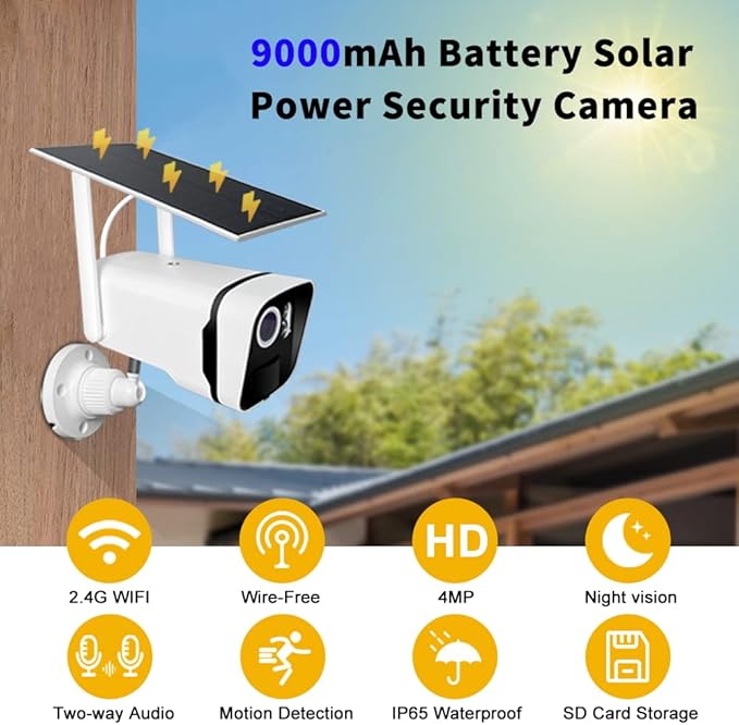 Solar Security Cameras Wireless Outdoor, 2K 4MP Solar Battery Powered Security Camera WiFi Security IP Camera with PIR Motion Detection, 2-Way Audio, Full Color Night Vision, with Solar Panel