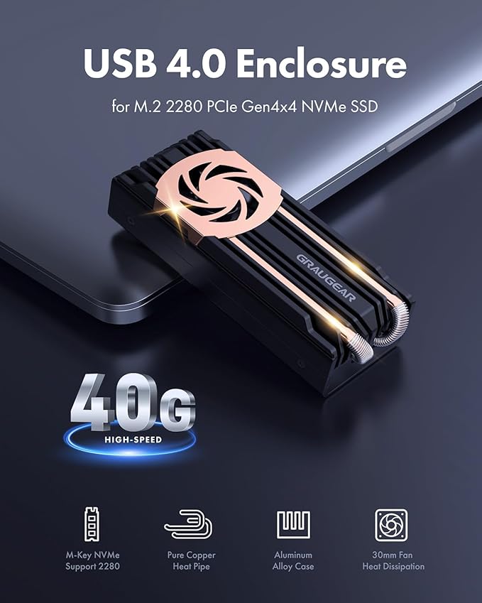 GRAUGEAR USB4 M.2 SSD Enclosure, 40Gbps NVMe SSD Enclosure with Built-in Cooling Fan and Dual-Pipe Heatsink Aluminum Case, Thunderbolt 4/3, ASM2464PD Chip