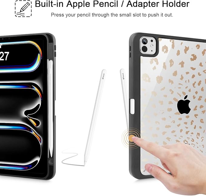 May Chen Case for iPad Pro 11-Inch M5/M4 2025/2024 (6th/5th Generation), Clear Transparent Print Back Shell Slim Stand Shockproof Tablet Cover, Auto Wake/Sleep, Leopard Print