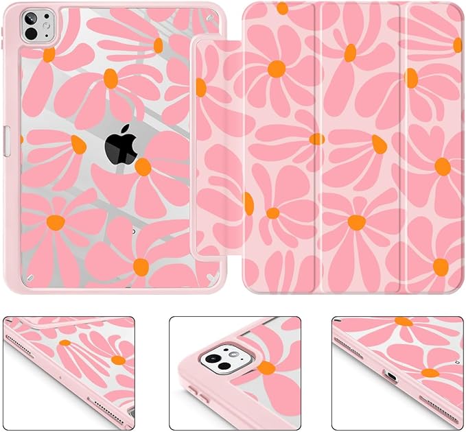 May Chen Case for iPad Pro 11-Inch M5/M4 2025/2024 (6th/5th Generation), Clear Transparent Print Back Shell Slim Stand Shockproof Tablet Cover, Auto Wake/Sleep, Groovy Flower