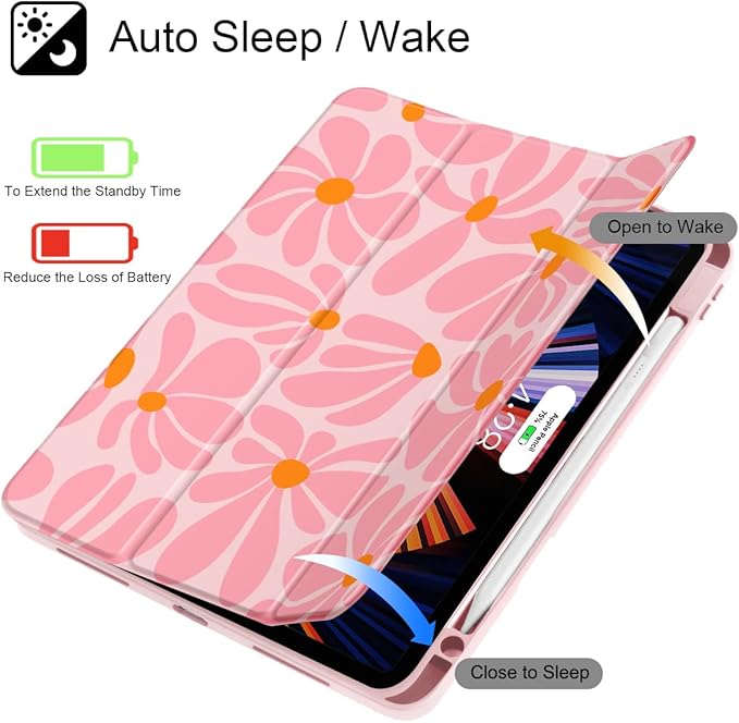 May Chen Case for iPad Pro 11-Inch M5/M4 2025/2024 (6th/5th Generation), Clear Transparent Print Back Shell Slim Stand Shockproof Tablet Cover, Auto Wake/Sleep, Groovy Flower