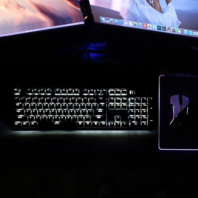 Merdia LED Backlit Full Size Wired Mechanical Gaming Keyboard | Black Switch 104 Keys US Layout Hot Swappable Full Size Mechanical Keyboard | White LED Backlit PC Gaming Keyboards (Black & Grey Color)