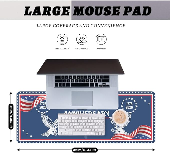 250 Anniversary Desk Mat Gaming Mouse Pad Liberty Bell America Flag Eagle Mouse Pad Extended Laptop Keyboard Mat Desk Pad Office Computer Keyboard Laptop Home 31.5"x11.8"