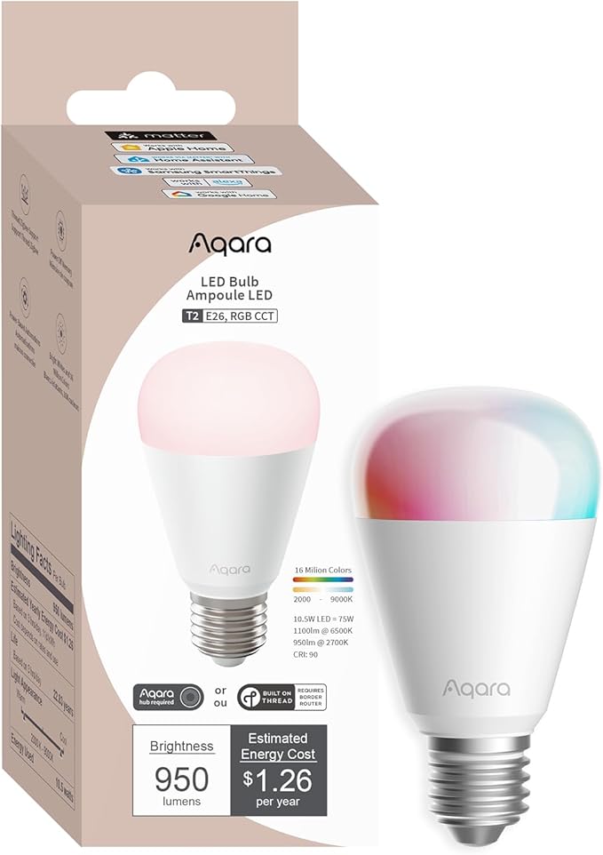 Aqara Thread/Zigbee Smart LED Light Bulb T2 E26, Tunable White (2000K-9000K), RGB Color Changing Light Bulb with 16 Million Colors, 75W Equivalent, Matter, Works with HomeKit, Alexa, Google