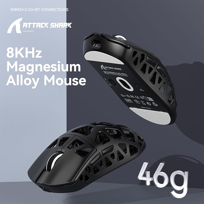 ATTACK SHARK R3 46g Superlight Magnesium Alloy Wireless Gaming Mouse, BT/2.4Ghz/Wired Computer Mouse, 8000Hz Wireless Polling Rate, PAW3395 26K DPI Optical Sensor Programmable Mice for Win/Mac(Black)