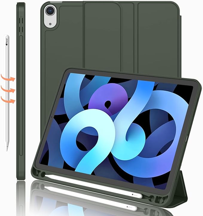 iMieet iPad Air 11 Inch Case M4/M3/M2(2026/2025/2024), iPad Air 5th/4th Generation Case 2022/2020 10.9 Inch with Pencil Holder,Trifold Stand Smart Case with Soft TPU Back(Dark Green)