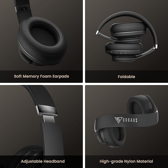 DOQAUS Bluetooth Headphones Over Ear, 90H Playtime Wireless Headphones with App Control, 9 EQ, Deep Bass, HiFi Stereo Sound, Headset for Travel Commute Gym and Study, Foldable Memory Foam
