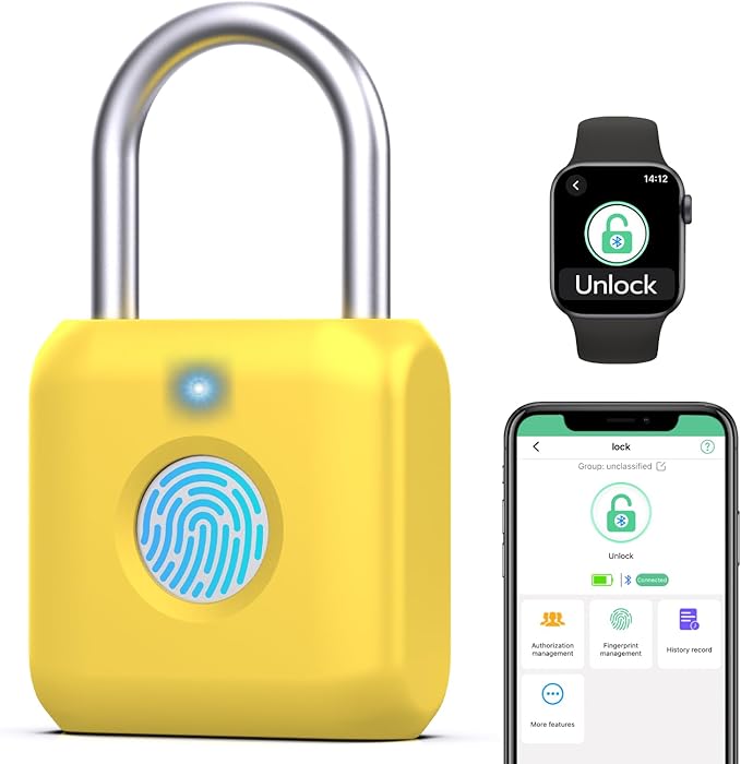 Fingerprint Padlock,Smart Padlock APP Control,Fingerprint Locker Lock,Gym Lock USB Rechargeable for Gym Locker,Locker, School,Storage Yellow