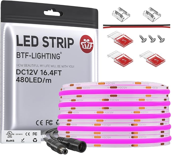 BTF-LIGHTING FCOB COB LED Strip Purple Color 480LEDs/m 16.4FT DC12V Flexible High Density Uniform Light 8mm Width Bright Dimmable LED Ribbon for Bedroom Indoor Decor(No Adapter or Controller)